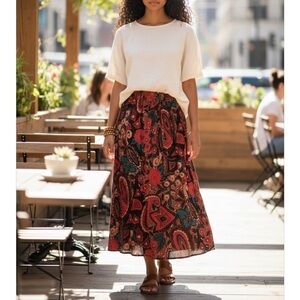 Vtg Cross Country Fashions Womens Size 8 Midi Skirt Black Pink Turquoise Paisley